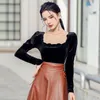 Women's T Shirts 2023 Spring Square Collar Puff Sleeve Women Velvet Blue Elegant Vintage Long Slim Fiting Black Shirt Chemise