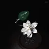 Küme halkaları yüzük S925 STERLING Gümüş Doğal Yeşim Lotus Çiçeği Kadınlar Ulus Tarzı Lady Fine Jewelry