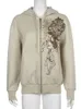 レディースジャケットラップコプターY2KグラフィックプリントジッパーポケットKhaki Hoodies Loose女性レトロフェアコアかわいい秋の冬コートスウェット230105