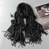 Scarves 2023 Winter Cashmere Scarf With Pearls Women's Tassels Wraps And Shawls Long Muslim Hijab Foulard Femme Beading Wool P225B