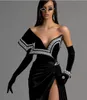 Black Velvet Evening Gowns Sweep Train Off the Shoulder Mermaid Prom Dresses High Slit Pearls Vestidos Formal Celebrity Gowns BC14884 0106