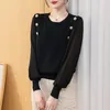 Kadın Tişörtleri Kore düğmesi Eklenmiş düz renkli ince örgü tişört uzun kolu uzun kolu tüm eşleşmeleri o yaka üstleri kadın giyim yayını