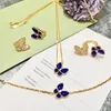 Dos Boucles D'oreilles Marque Plaqué Or 18K Femmes Bleu Lapis Papillon Bijoux De Mariage Cadeaux Ensemble De Luxe 925 Argent Boucle D'oreille Collier Bracelet Anneau