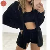 Kvinnors tvåbitar byxor Chin-Sweety Three Sexy Fluffy Outfits Plush Velvet Hooded Cardigan Coat Shorts Crop Top Women Sports Tracksuit Set Casual 230106