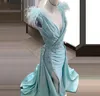 2023 Sexy Evening Dresses Wear Turquoise Deep V Neck Feather Lace Appliques Crystal Beads Overskirts Detachable Train Side Split Plus Size Party Formal Prom Gowns