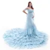 베이비 샤워 주름을위한 스카이 블루 출산 드레스 기차 임신 사진 촬영 메시 드레스 임신 여성 Maxi Gown