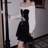 Casual Dresses Women Slash Neck Ruffles Gohitc Mini Dress 2023 Lady Black White Plus Size Lace-Up Lantern Sleeve Empire Party 4xl