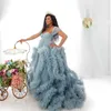 Dusty Blue Maternity Dresses For Baby Shower Ruffle Party Pregnant Photoshoot Mesh Prom Dress Pregnancy Women Maxi Gown