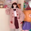 女性のウールブレンド日本の冬の甘い女の子コートカワイイベアの耳フード付きかわいいホーンボタンボウラムスウールシングルブレストピンクウール