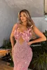 Fancy Mermaid Pink Prom Dresses Piume senza spalline Abiti da festa Abito da sera su misura con paillettes e perline