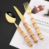 Conjuntos de utensílios de jantar 4/20pcs ouro Nature Bamboo talheres de aço inoxidável