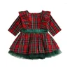 Robes Fille Bmnmsl Toddler Christmas Dress Plaid Print Manches Longues Col Rond À Volants Tulle Patchwork A-Line