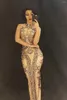 Abbigliamento da palcoscenico Donna Brillante Grandi cristalli Stampa Abito sexy Pietre Collo alto Costume lungo Prom Compleanno Festeggia abiti Outfit