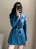 Women's Suits Woman Blazers Jackets Blue Sashes Notched Ruffles Long Sleeve Single Breasted Casual Style Outerwear 2023 Spring Jacket Women