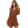 Summer Women Jumpsuit Casual Solid Color V Neck Baggy Long Sleeve Midje slips ruffle Kort minikl￤nning Romper