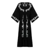 Casual Dresses Boho Floral Embroidery Vintage Black Long Dress Women Robes V Neck Maxi Hippie Resort Wear Bohemian Kaftan