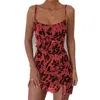 Abiti casual Donna O-Collo Cinghia per spaghetti Stampa animalier Increspato Cami Abito rosso mattone Aderente Partito sexy 2023 4 colori