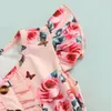 Flickaklänningar Little Girls Sweet Style Dress Summer Floral Printing Mesh Splicing Round Collar Sleeve Bow Decoress Princess Klänning