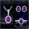 Ensembles de bijoux de mariage Arrivée Saprkling Luxury Set 925 Sterling Sier Ovale Coupe Saphir Bleu Cz Diamant Femmes Boucle D'oreille Anneau Collier Dr Dhsdv