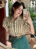 Women's Two Piece Pant Summer Sets Vintage Striped Shirts Front Pockets Wide Leg Shorts 2 Outfits Preppy Korean Style Ins Young Girls 230106