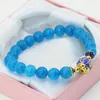 Strand Bohemia Style Gold-Color Cloisonne Blue 8mm Round Beads Chalcedony Jades Stone Bracelet Gine Jewelry 7.5inch B2701