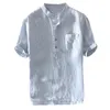 Men's Casual Shirts Men's Shirt Baggy Stripe Cotton Linen Short Sleeve Button Pocket Tops Blouse Men Hawaiian 2023 Chemise Homme