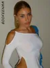 T-shirt da donna BOOFEENAA Streetwear Y2k Sexy Crop Top Bianco Nero Asimmetrico Tagliato Una spalla T-shirt a maniche lunghe Donna Moda C71 BB16 230105