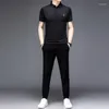 Herrspårar Minglu Summer Thin Men's Polo Shirts Set Luxury Solid Color Sports Casual Printed Male Suits Fashion Elastic Midje Man