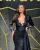 2023 Prom Dresses Elegant Mermaid V Neck Black Pärled Crystal Lace Long Hleeves Formella aftonklänningar Anpassade plus storlek Pageant Wear Party Gown Robe de Mariee