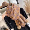 Scarves 2023winter Cotton Thread Women's Scarf Wool Ball Imitation Cashmere Solid Color Lattice Warm Simple Double-sided Shawl