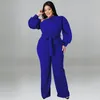 Pantalon grande taille 5xl pour femmes, combinaison une pièce fendue, tenue à la mode, manches bouffantes, ceinture, jambes larges, vente en gros, automne 2023