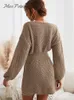 Kvinnors tröjor Miss Petal Honeycomb Knit Brown Dress Woman Casual Long Sleeve 2023 Autumn Winter Pullovers Ytterkläder 230105