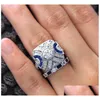 Anneaux De Mariage Vintage Bijoux De Mode 925 Sterling Sier Remplir Bleu Saphir Cz Diamant Pierres Précieuses Éternité Femmes Bague De Mariée Ensemble Pour M Dhewv