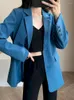 Women's Suits Woman Blazers Jackets Blue Sashes Notched Ruffles Long Sleeve Single Breasted Casual Style Outerwear 2023 Spring Jacket Women