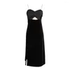 Casual Dresses Club French Sexig klänning Fashion Backless Slit Black Halter Hepburn Diamonds Chain Evening Party Vestidos