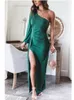 Casual jurken een schoudermouw groene vrouwen prom groot formaat holle out high spleet avondfeest elegante gewaden de cocktailvestido