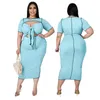 Plus size jurken dames korte mouwen jurk 2023 zomer mode solide kleur omgekeerde holle slinger mid-lengte rok