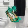 Aquazzura Womens Sandals New Feather 장식 스틸레토 힐 이브닝 신발 1000mm 실크 발목 밴드 여성 여름 디자이너 신발과 상자