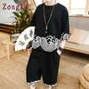 Men's Tracksuits Zongke Chinese Men Set Cotton Linen Wave Printed Mens T Shirts Shorts Sets Jogger Black Suit 2023 Summer