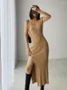 Casual Dresses Spring Autumn Sexy Bodycon Knitted Dress Women V Neck Long Sleeve Vintage Hem Slit Midi Ladies Elegant Sweater