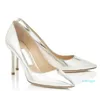 Klassiska sandalpumpar för Woman High Heels Romy 85mm Platinum Ice Dusty Glitter Leather Pointy
