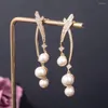 Pendientes colgantes, pendiente cruzado de perlas a la moda para mujer, fiesta de boda, joyería nupcial de Dubái, Boucle D'oreille, regalo para mujer E19388