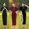 Etnik Giyim Oriental Cheongsam Modern Geleneksel Chine Long Dress Zarif Kadife Artı Beden Kırmızı Kadınlar Qipao Plaj Partisi Sonbahar