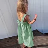 Mädchenkleider Mädchen Mädchen Baumwolle und Leinen ärmellose Hosenteilkleid mit verstellbaren Schultergurten Sommer Neue Casual Pocket Kids Kleider TZ77 T230106