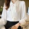 Blouses voor dames elegant en jeugd vrouw stevige lange mouw shirt top boog casual witte shirts Koreaanse versie van lint dames