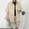 Roupa térmica masculina 2023 Conjuntos de verão Camisa e shorts moda moda de tamanho grande algodão de retalhos de algodão Carga de bolso de manga curta Casual Street