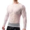 Camiseta de camisa mensal Sexy Fishnet Veja através da camiseta de manga longa camiseta transparente homme punk gótica boate de boate camiseta para homens camisetas