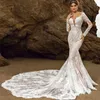 Longo sereia vestidos de noiva 2024 renda ilusão decote colher mangas completas capela trem plus size vestidos de casamento novia 328