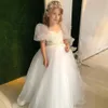 Pérolas mangas inchadas flor meninas vestidos de tule branco crianças primeira comunhão jóia pescoço longo infantil vestido de batismo 326 326