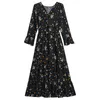 Casual Kleider Balck Blumendruck Maxi Kleid Frauen Boho Lange Flare Hülse V-ausschnitt Hohe Taille Slim Fit Robe Koreanische stil 2023